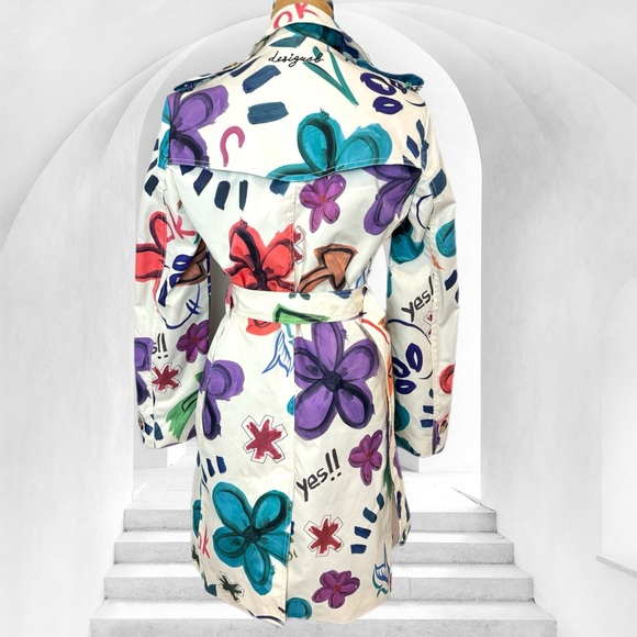 Rare DESIGUAL happy flower white trench coat graffiti paint Large - Picture 3 of 9